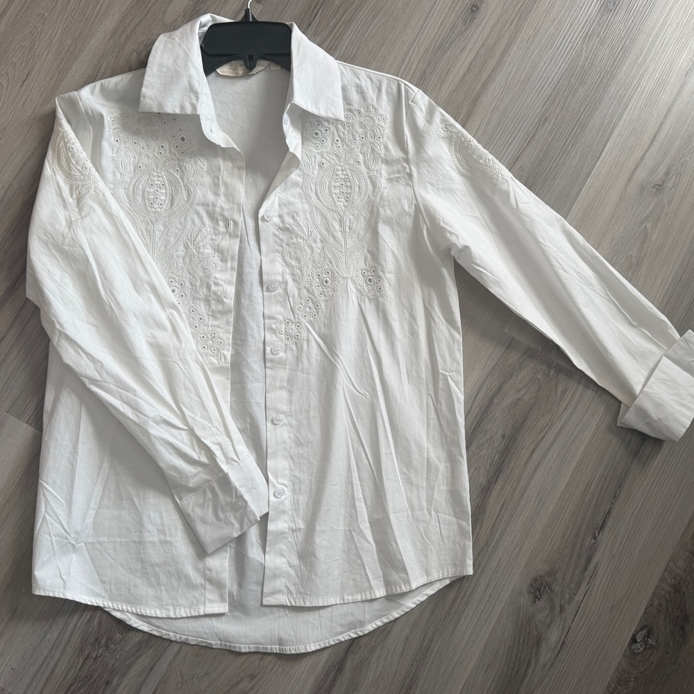Boho White Embroidered Button Down Blouse | Cotton Long Sleeve Shirt